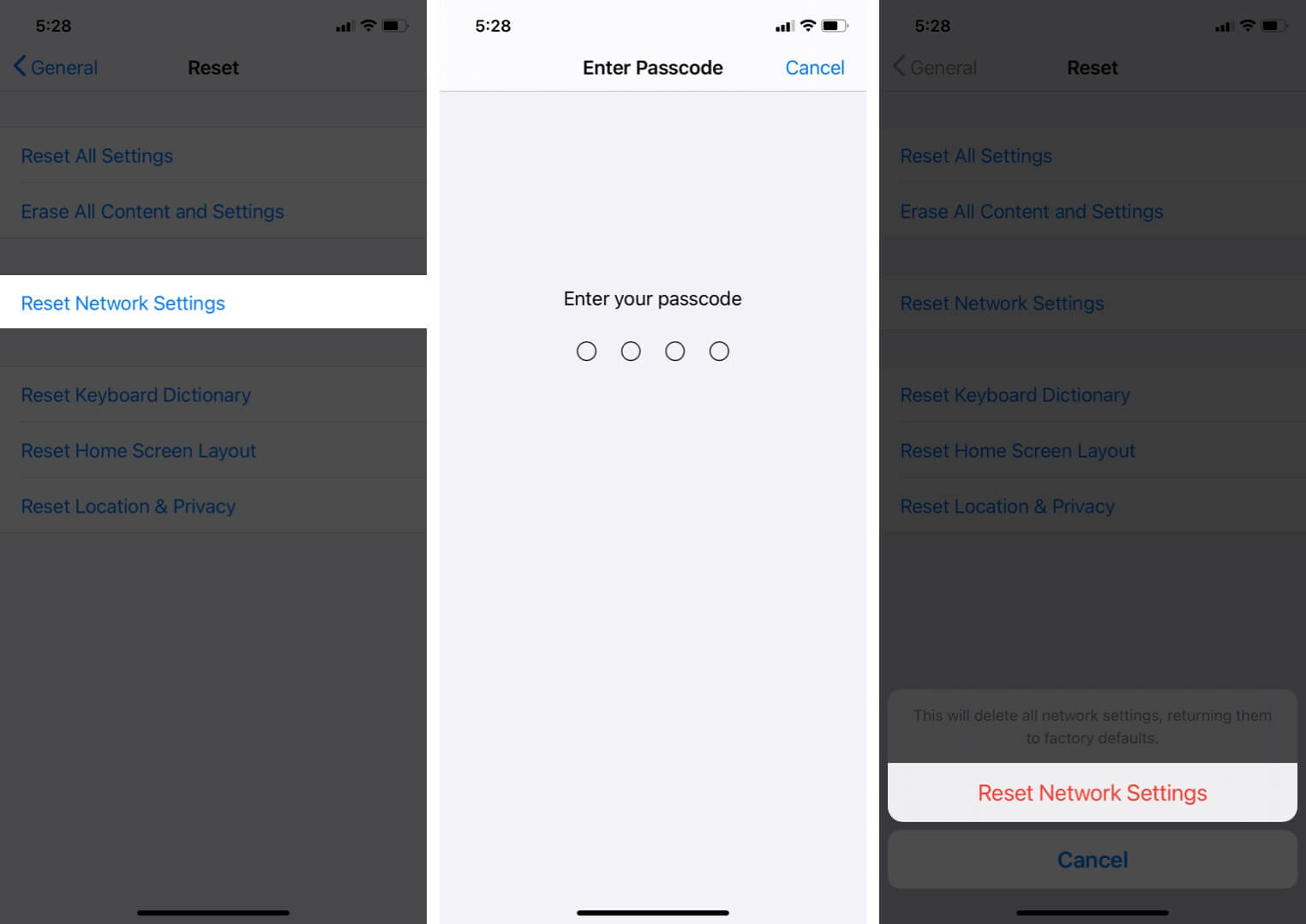 reset network settings on iphone