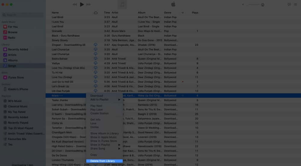 right click on song and select delete from library on mac