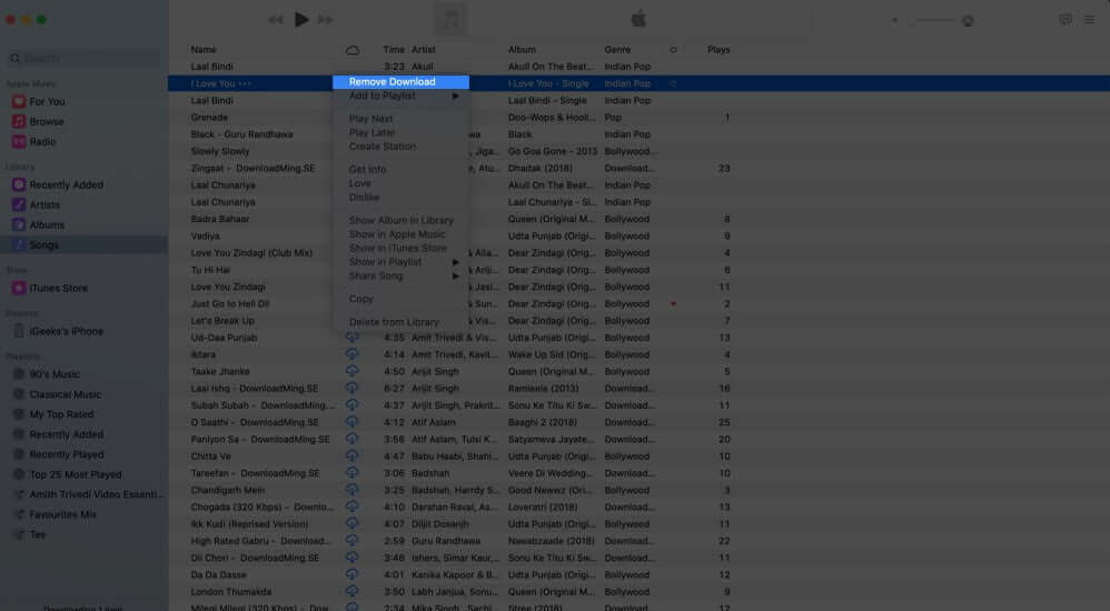 right click on song and select remove download
