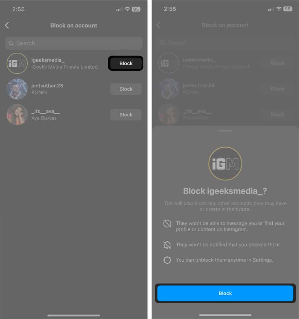 select block beside the user, tap block in instagram