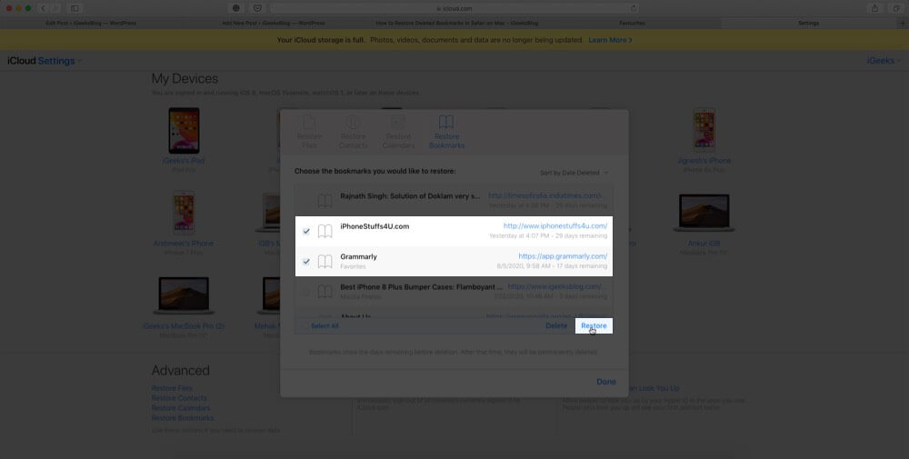 select bookmarks and click on restore to recover deleted safari bookmarks using icloud account