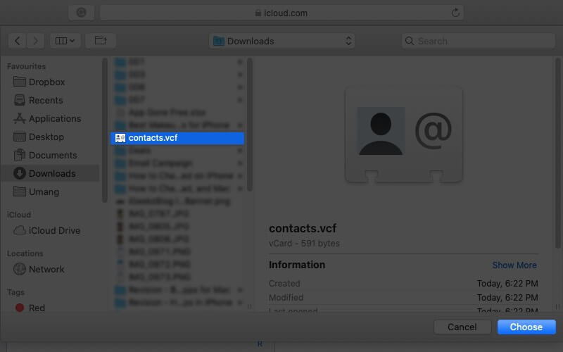 select file and click on choose to import google contacts to icloud