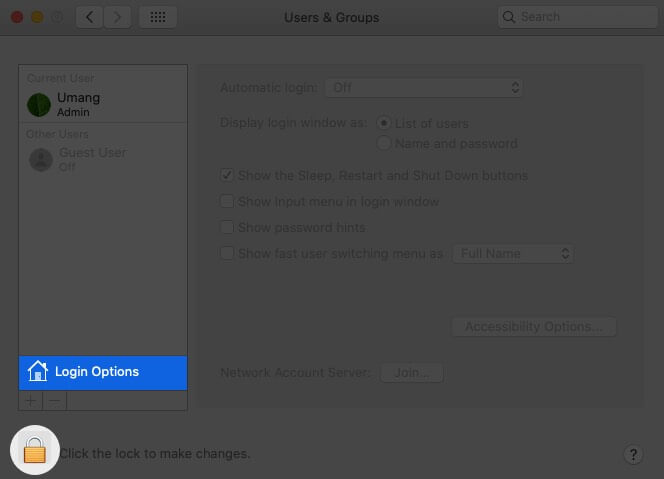 Select Login Items and Click on Lock Icon in Users & Groups on Mac