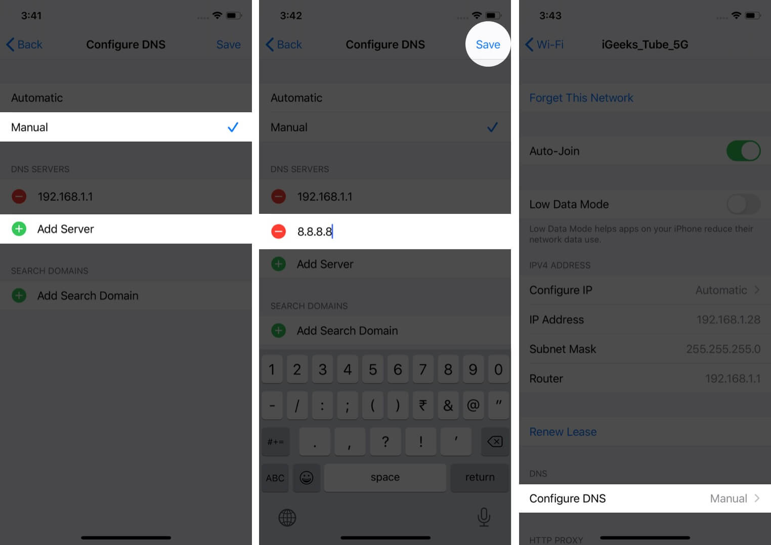 select manual add server and tap on save to use different dns settings for wi-fi on iphone