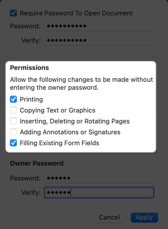 select the premission for password protected pdf