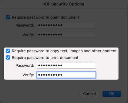 select the security permission in pdf export
