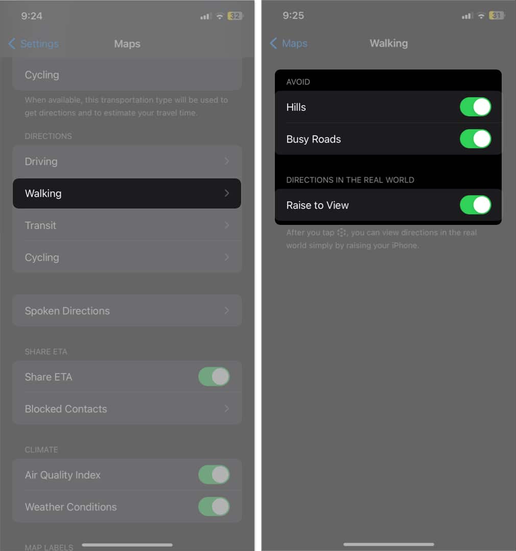 select walking directions and toggle on each one in settings