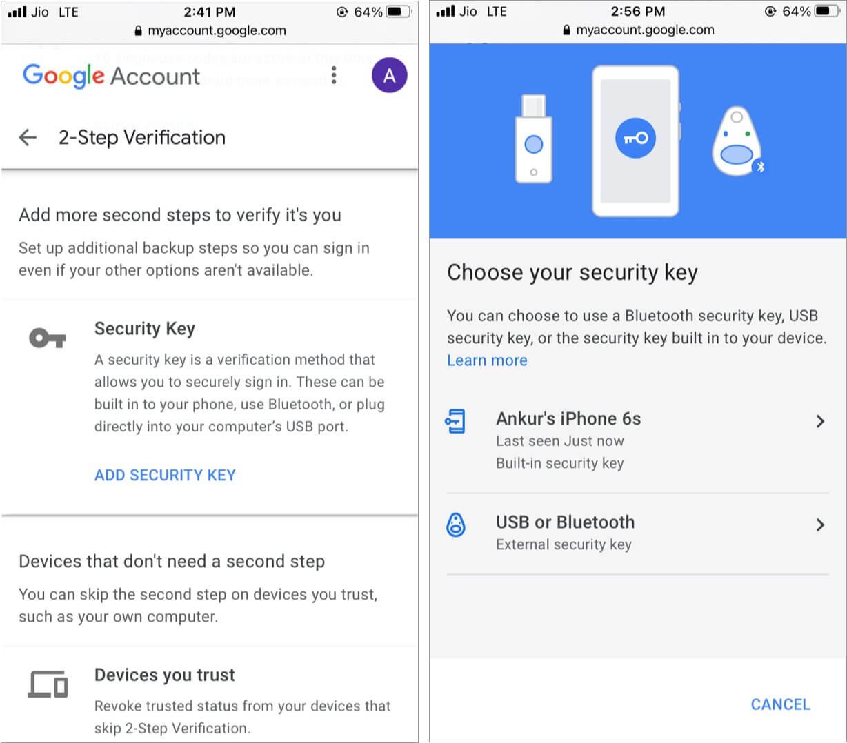 Set Security Key for Google two step verification
