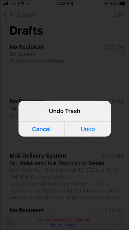 Shake to undo Trash in iPhone Mail app