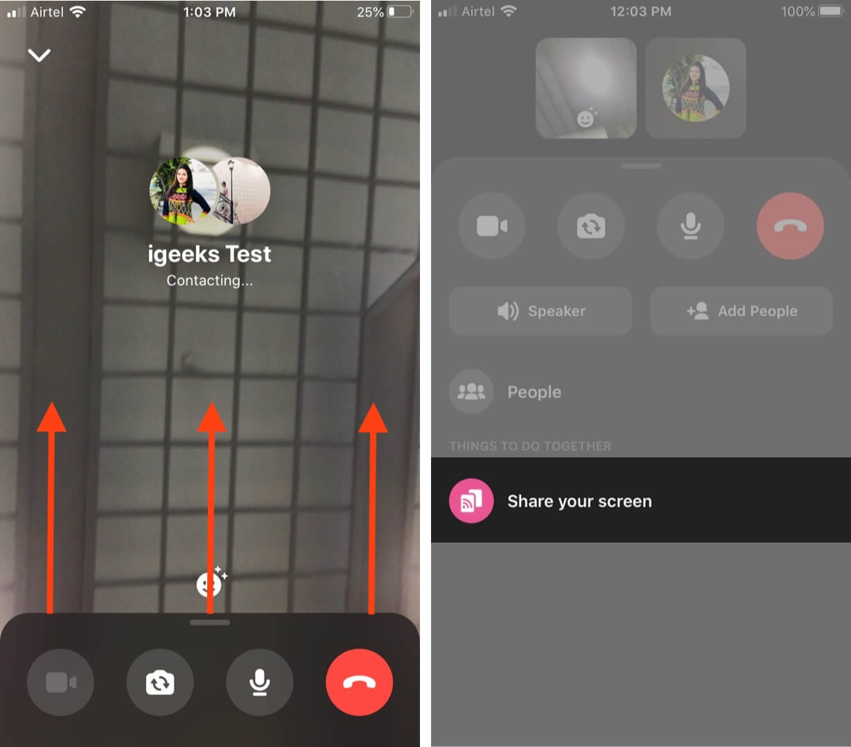 swipe up and tap on share your screen in group video chat on messenger