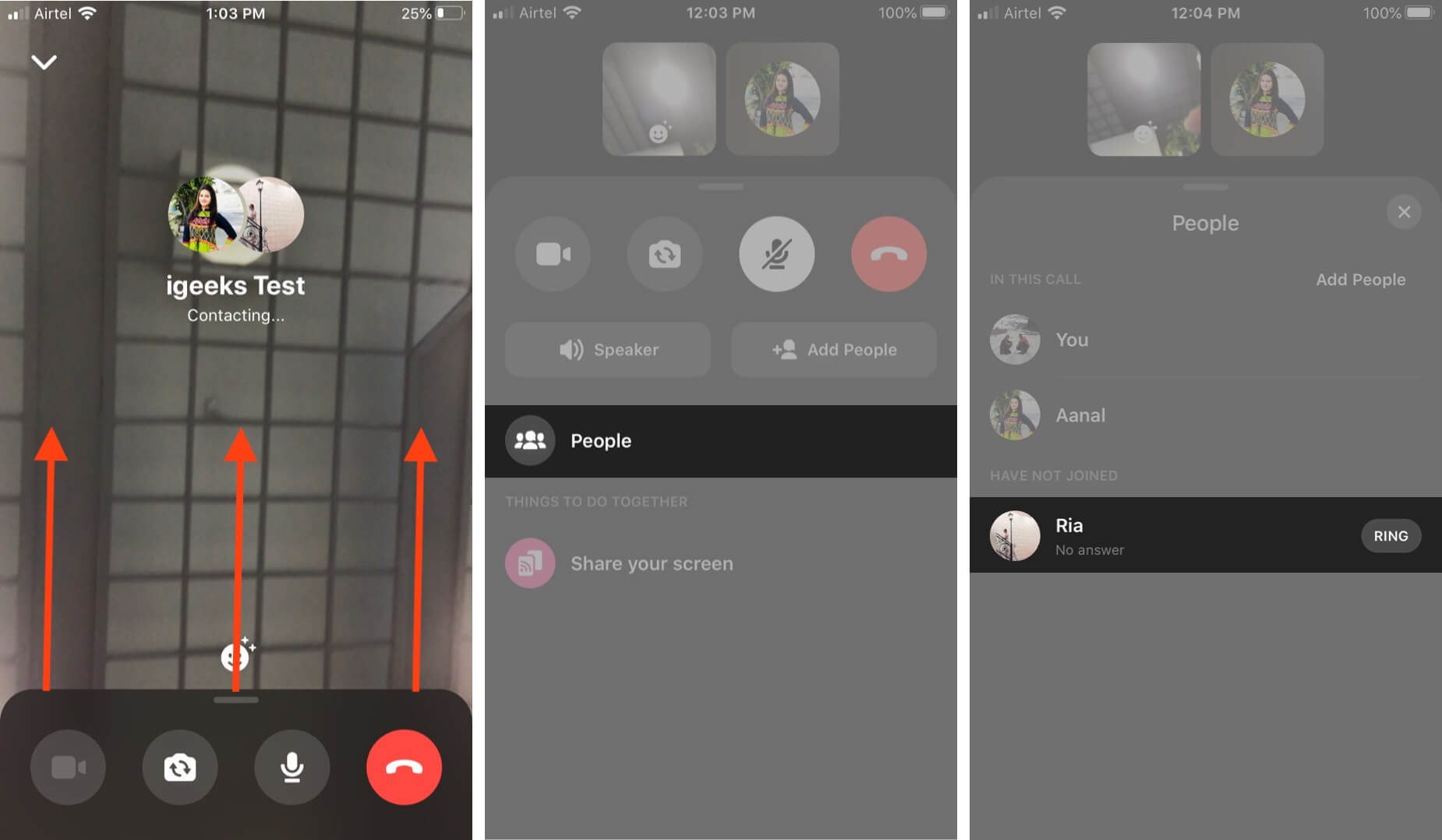 swipe up tap on people and then tap on ring to add recently added person to group video chat on messenger