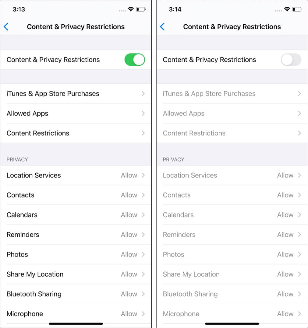Switch Off Content and Privacy Restrictions on iPhone
