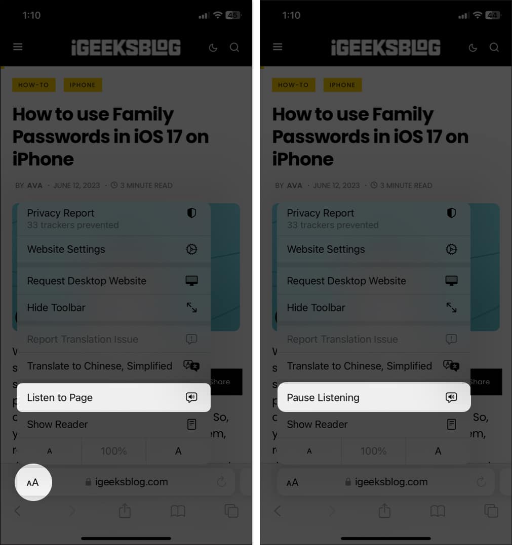 tap AA icon, select Listen to page on Safari