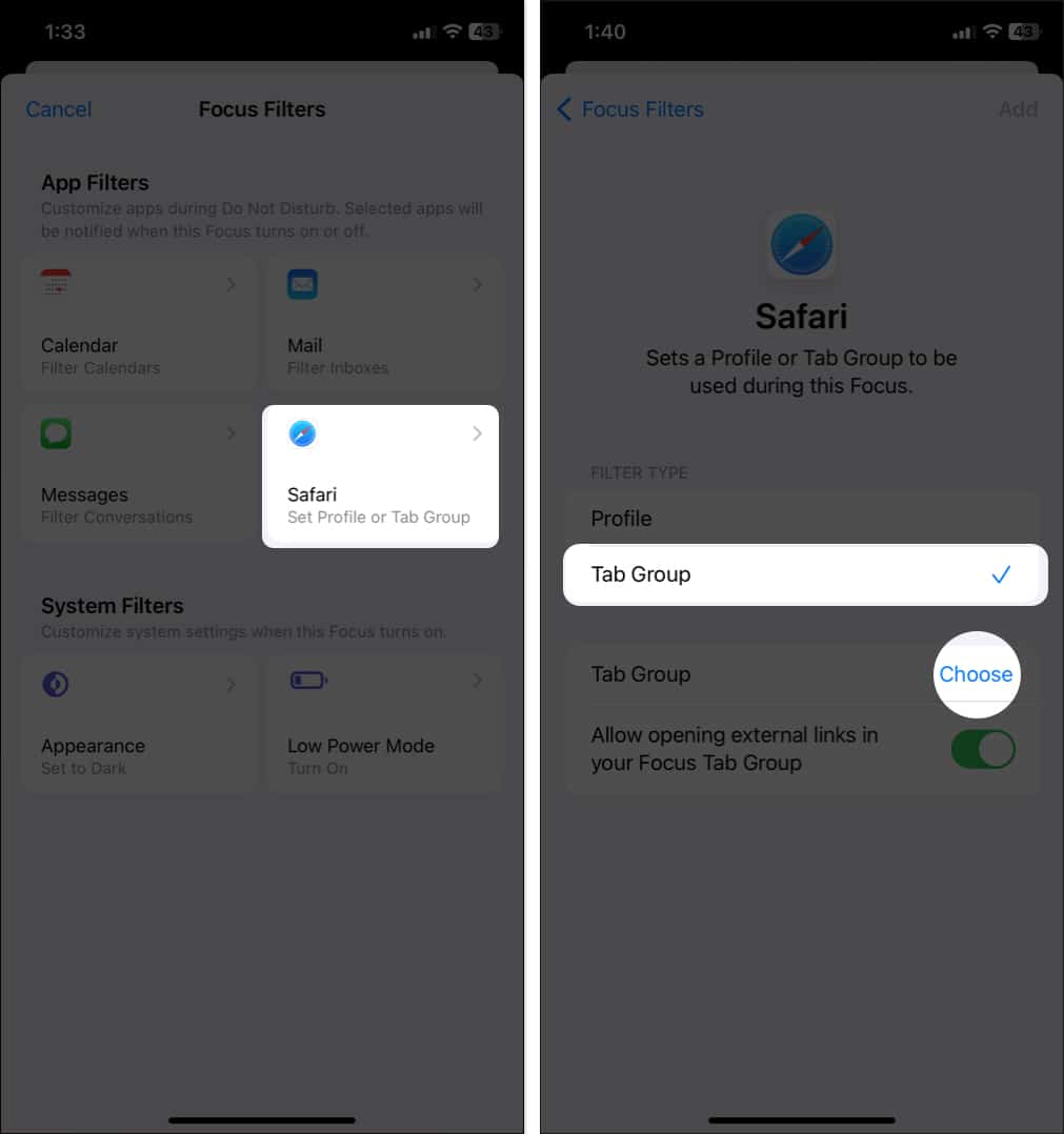 tap Safari, select tab group, tap Choose in Focus filter