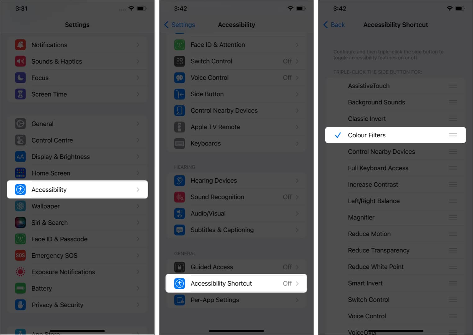 tap accessibility, tap accessibility shortcut, select color filters in settings