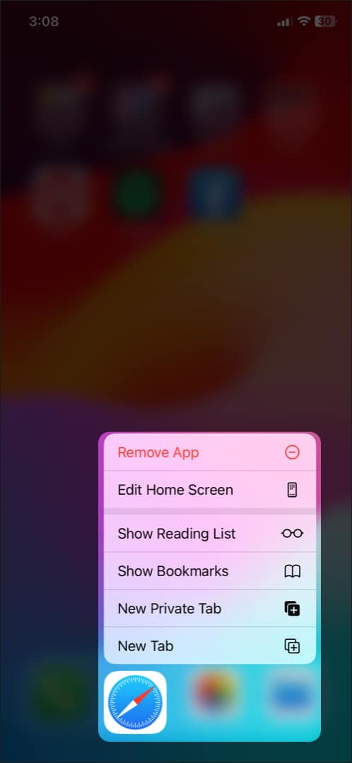 Tap and hold the safari icon to get quick menu