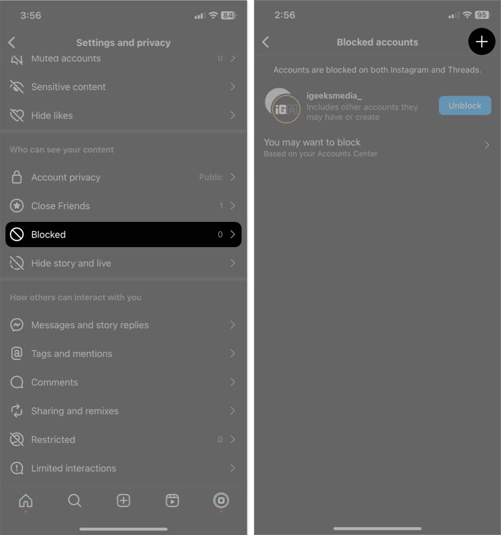tap blocked, plus sign in instagram