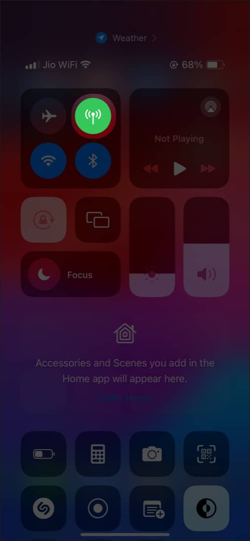 tap cellular data in control center