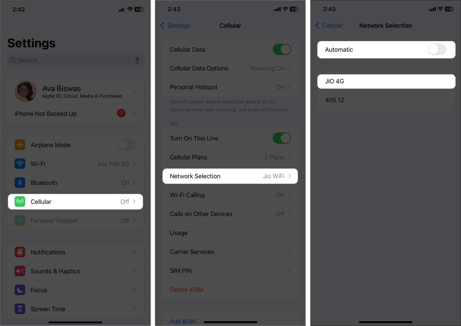 tap cellular, network selection, toggle off automatic, select carrier in settings