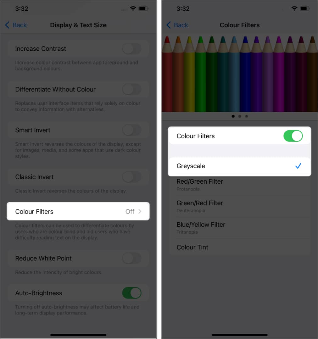 tap color filters, toggle on color filters, select grayscale in settings