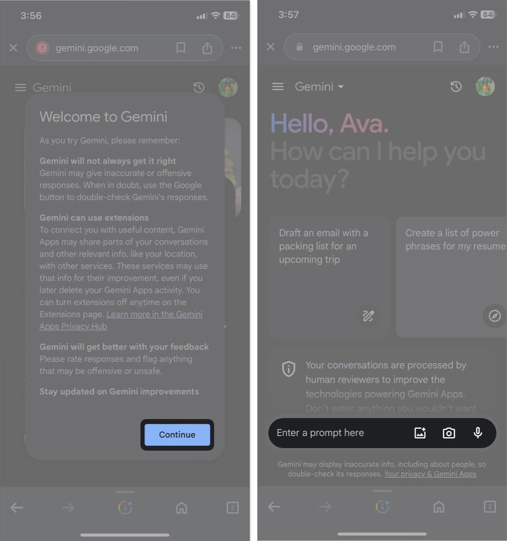 tap continue and enter prompt to use gemini ai on iphone