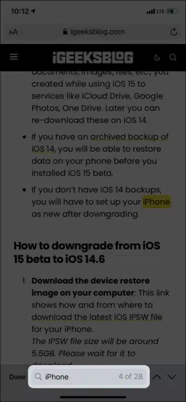 How to search for text on Safari webpage from iPhone Tap existing search term to edit and make a new search