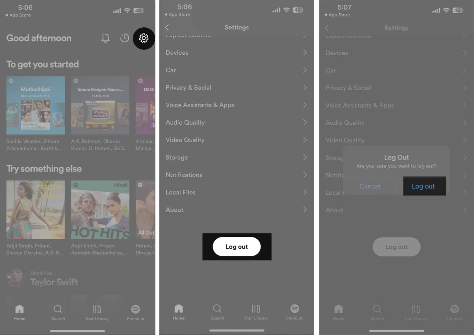 tap gear icon, log out, confirm in Spotify app