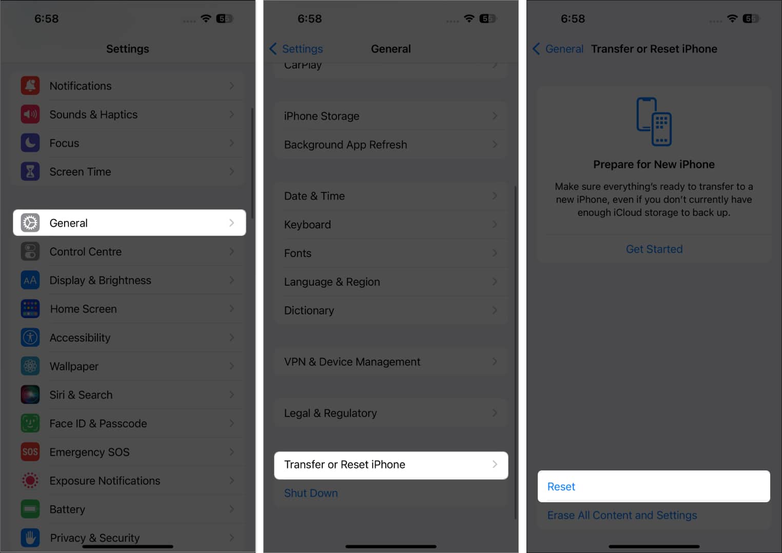 tap general, tap transfer or reset iphone, tap reset in settings