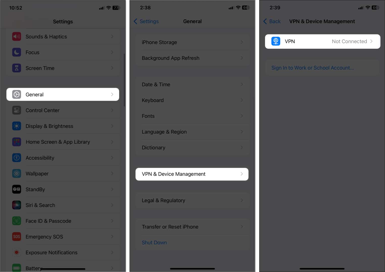 tap general, vpn and device management, select vpn in settings