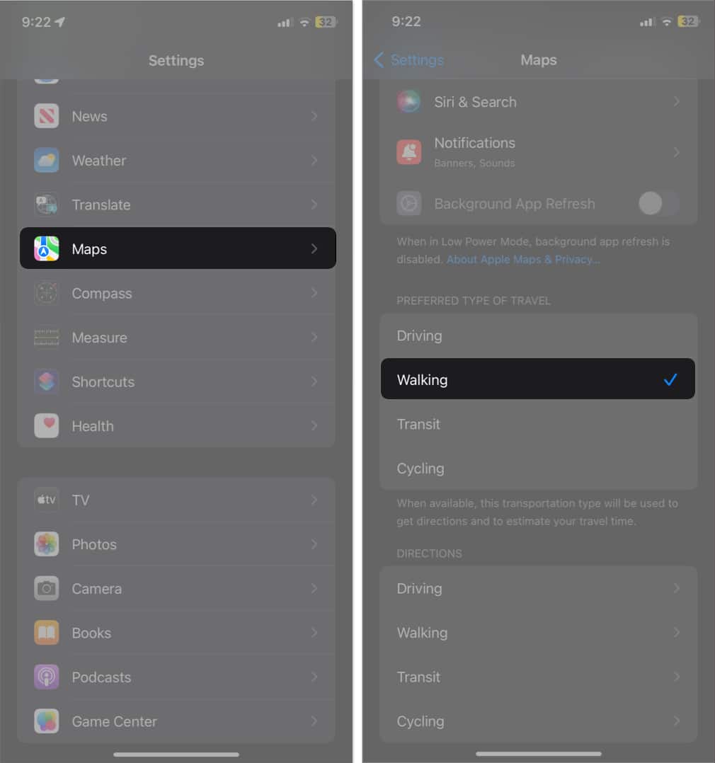 tap maps, select walking in preferred type of travel in settings