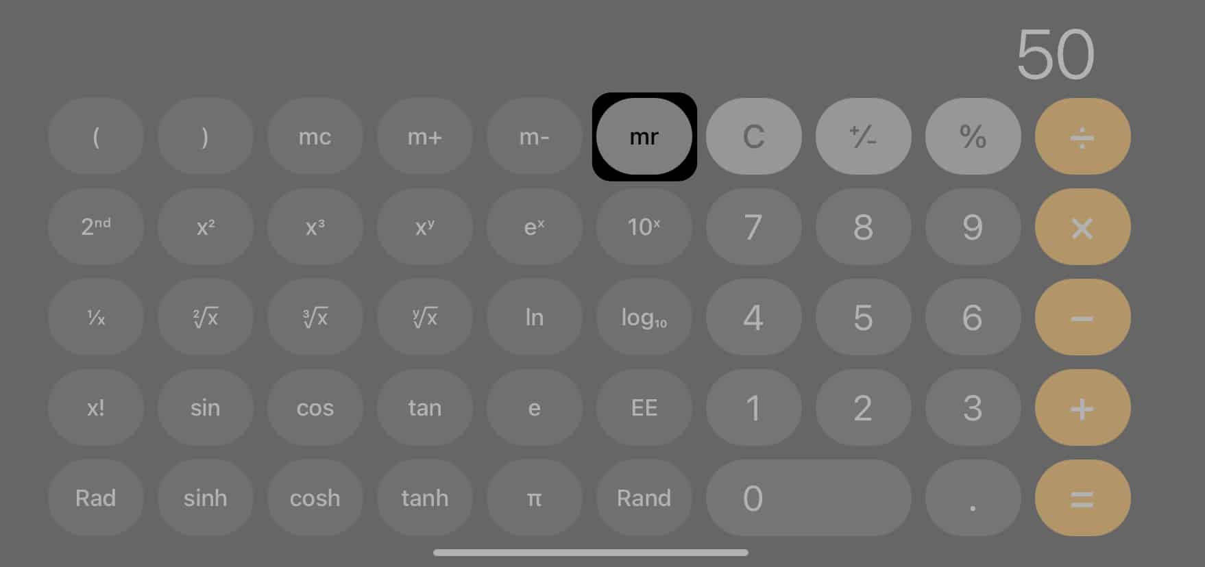tap mr button to see iphone calculator history