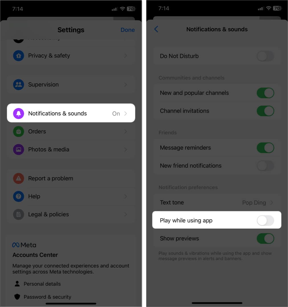 tap notification and sounds toggle off play while using app in messenger