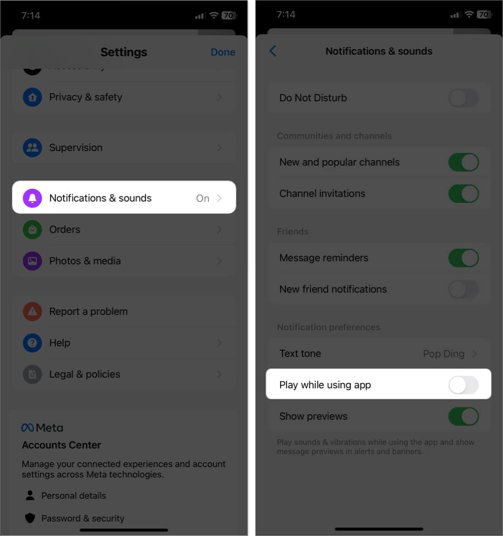 tap notification and sounds, toggle off play while using app in messenger