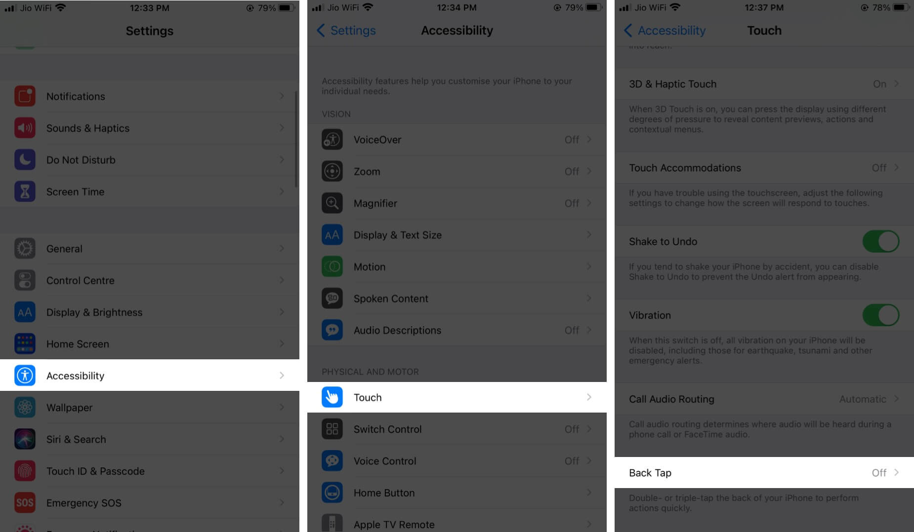 Tap on Accessibility Then Touch and Then Tap on Back Tap in iPhone Settings