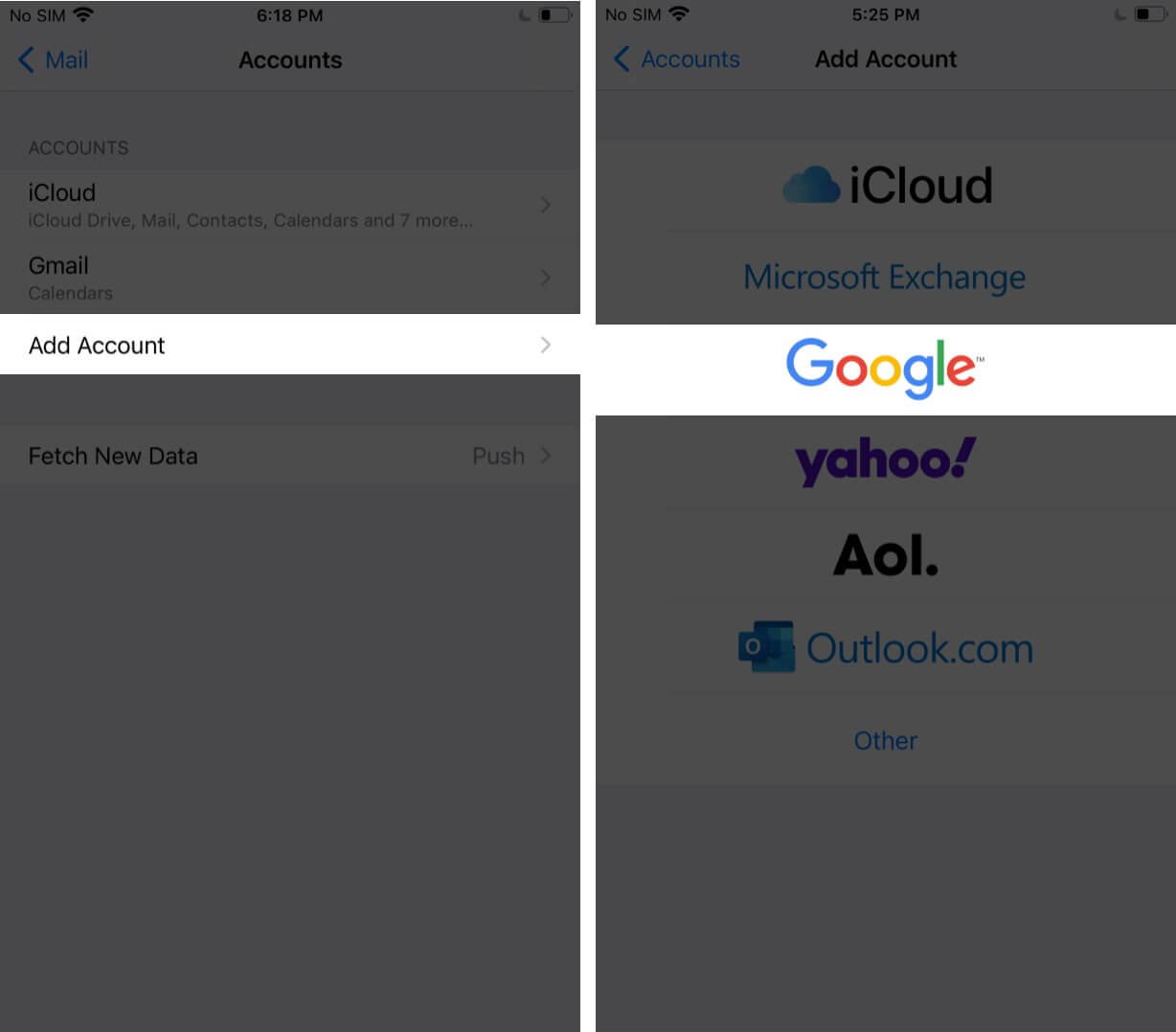 Tap on Add Account and Then Tap on Google on iPhone