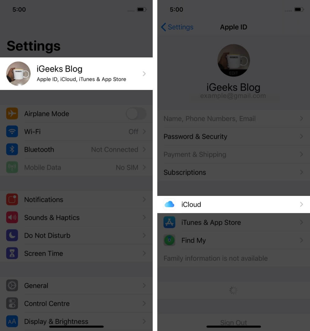 tap on apple id and then tap on icloud in iphone settings