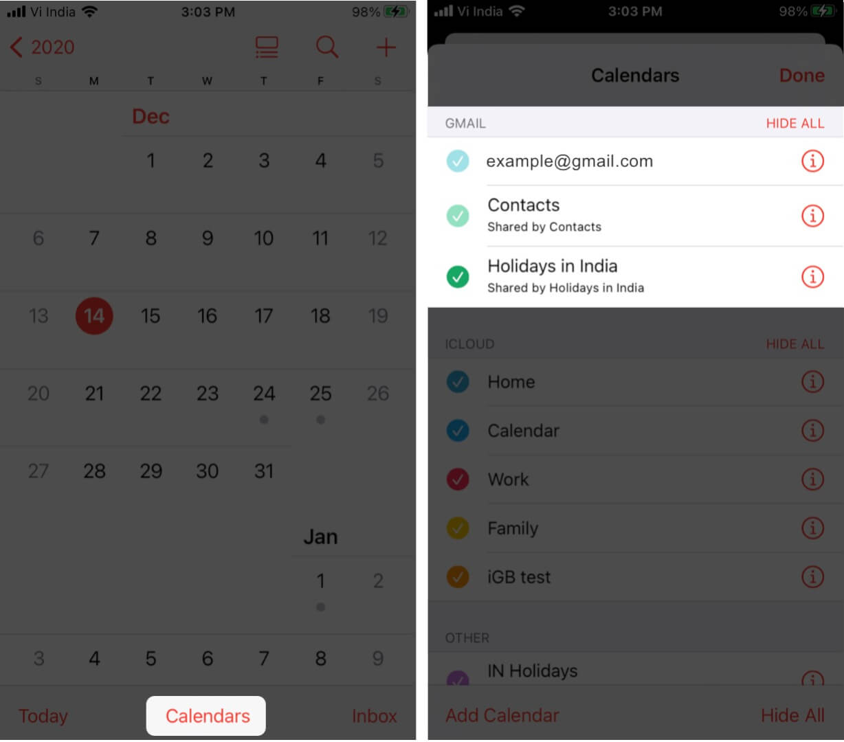 Tap on Calendars Inside Calendar app and Make Sure Gmail is Selected