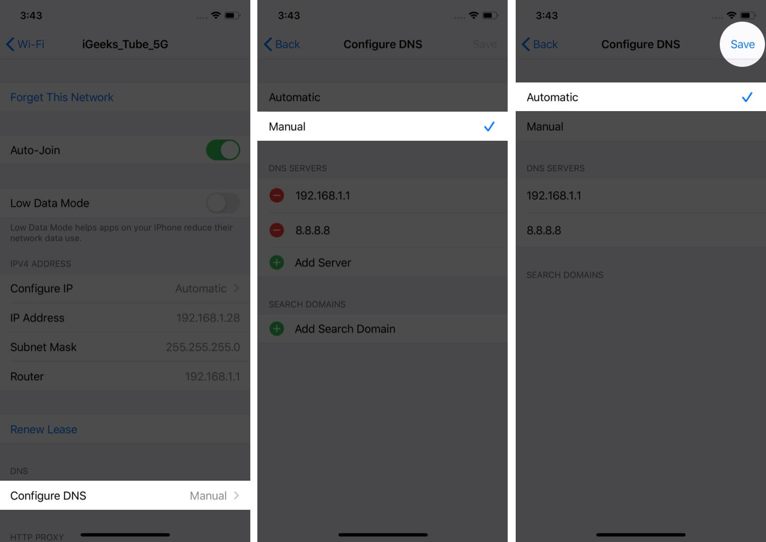 tap on configure dns select automatic and tap on save to use default dns on iphone