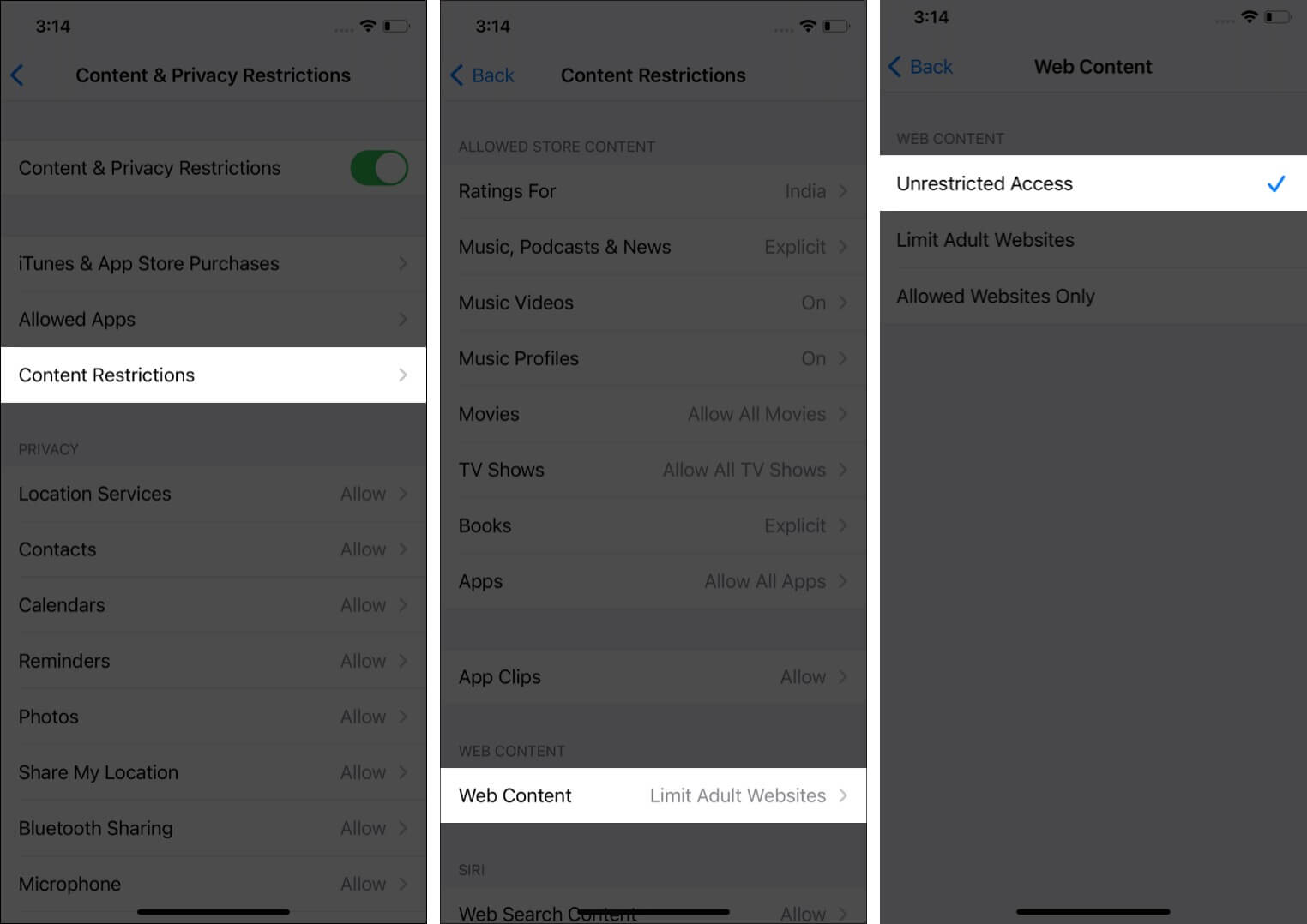 Tap on Content Restriction then Web Content and Select Unrestricted Access