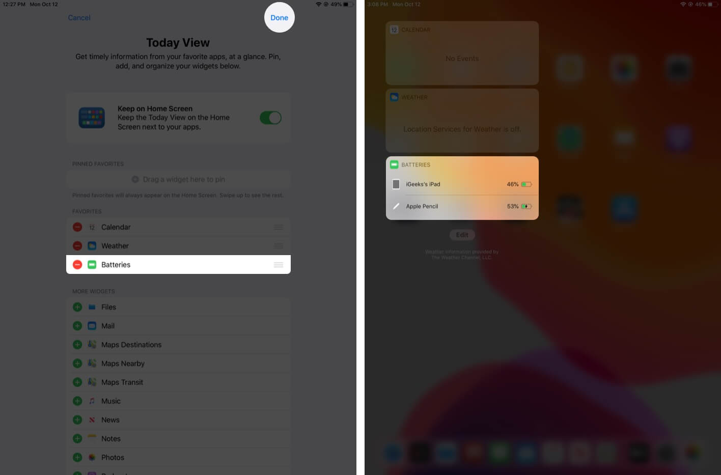 Tap on Done and Open Today View to Check Apple Pencil Battery Level on iPad