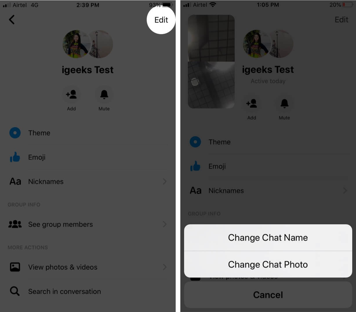 tap on edit and select option to change name and photo of group