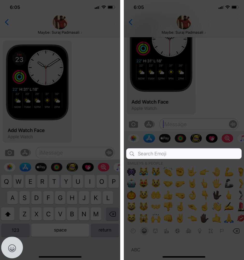 tap on emoji button and then tap on search on iphone