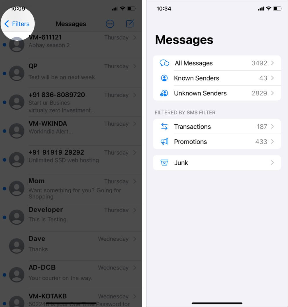 tap on filters to view categories in messages app on iphone running ios 14