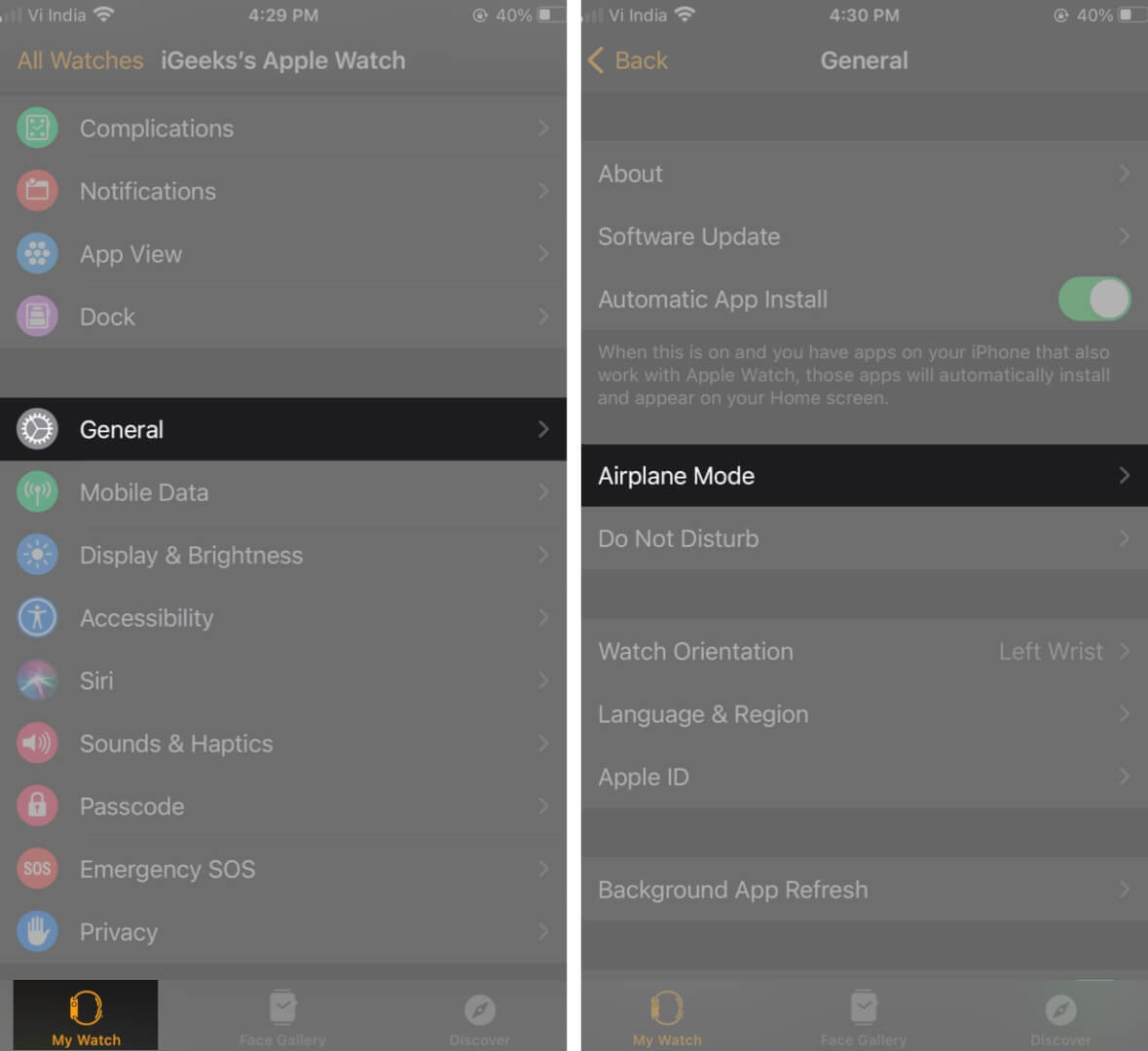 Tap on General in My Watch Tab and Then Tap on Airplane Mode in Watch App on iPhone