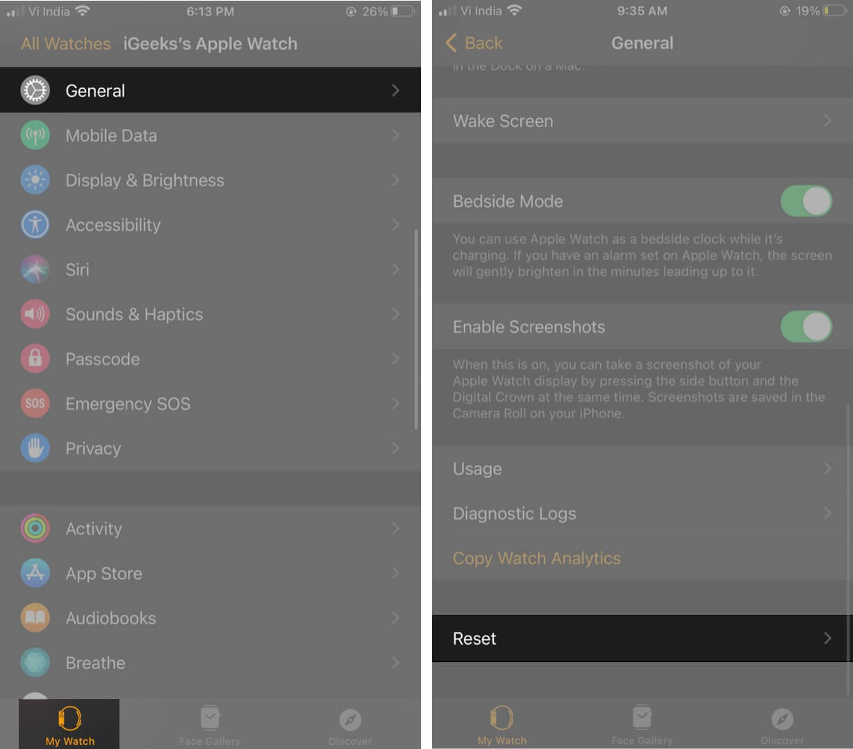 Tap on General in My Watch Tab Then Tap on Reset in Watch App on iPhone