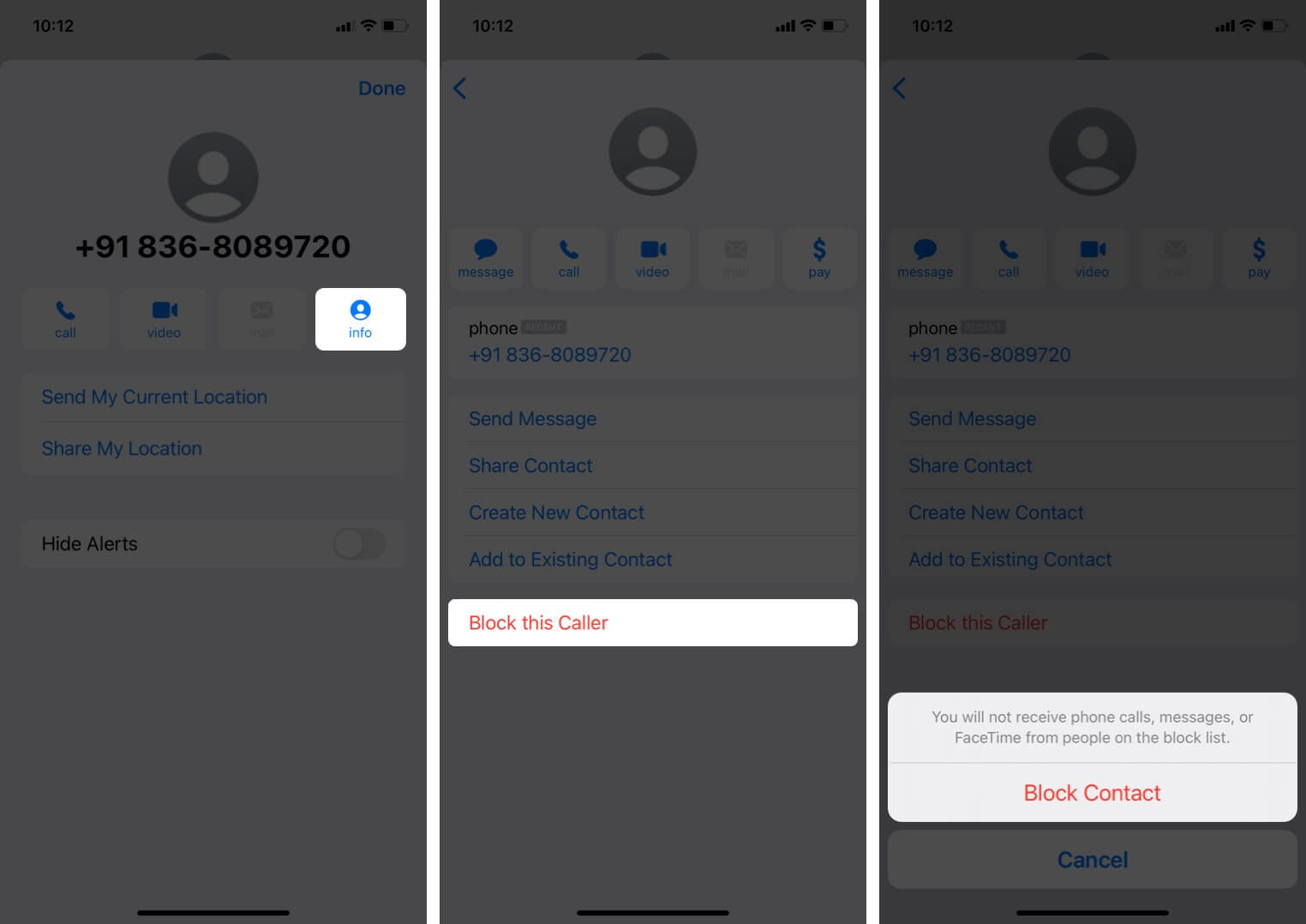 tap on info and choose block this caller to block imessage and text messages on iphone