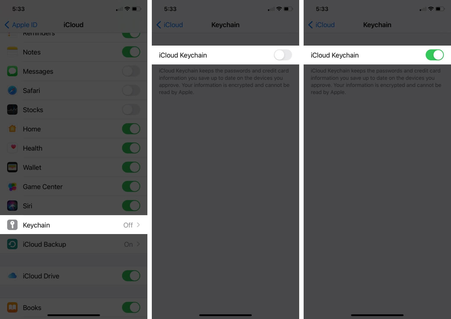 Add Credit Cards to Safari AutoFill on iPhone iPad and Mac tap on keychain and turn on icloud keychain on iphone