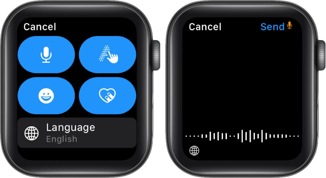 Tap on Microphone Icon and Then Tap on Globe Icon on Apple Watch