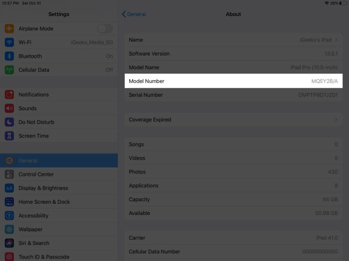 Tap on Model Number in iPad Settings