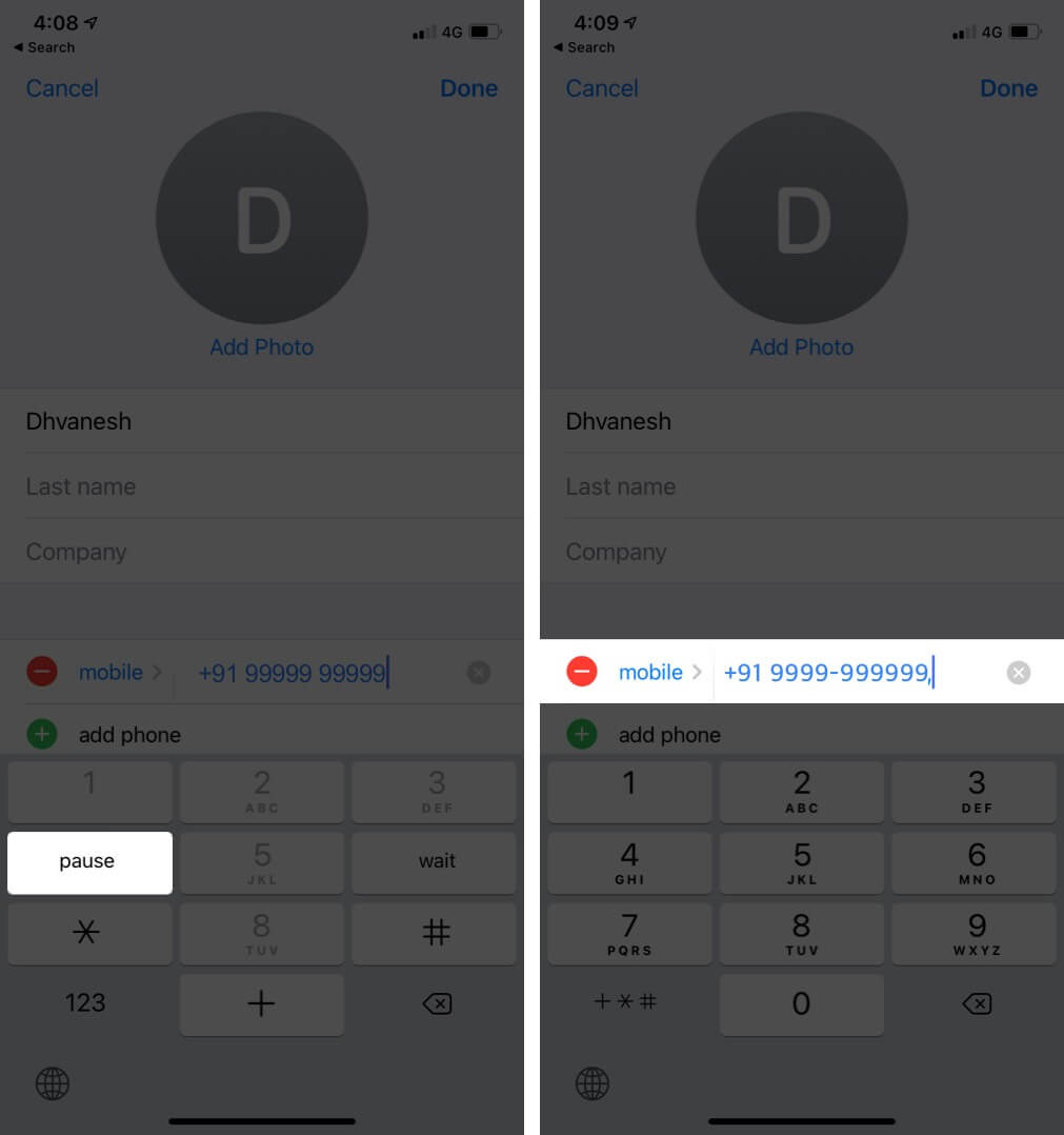 Tap on Pause to add Comma to Phone Number on iPhone